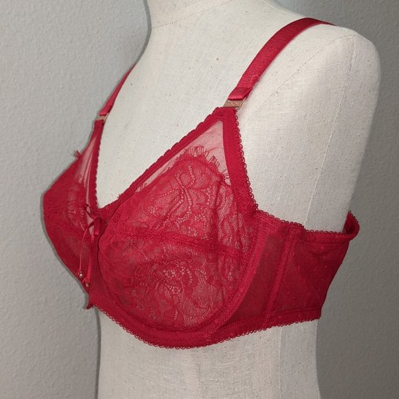 Red Unlined Lace Bra, 38C - Picture 3 of 4